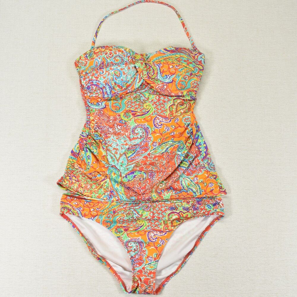 Lauren Ralph Lauren Paisley Tankini Swimsuit Set L Orange Slimming Two-Piece